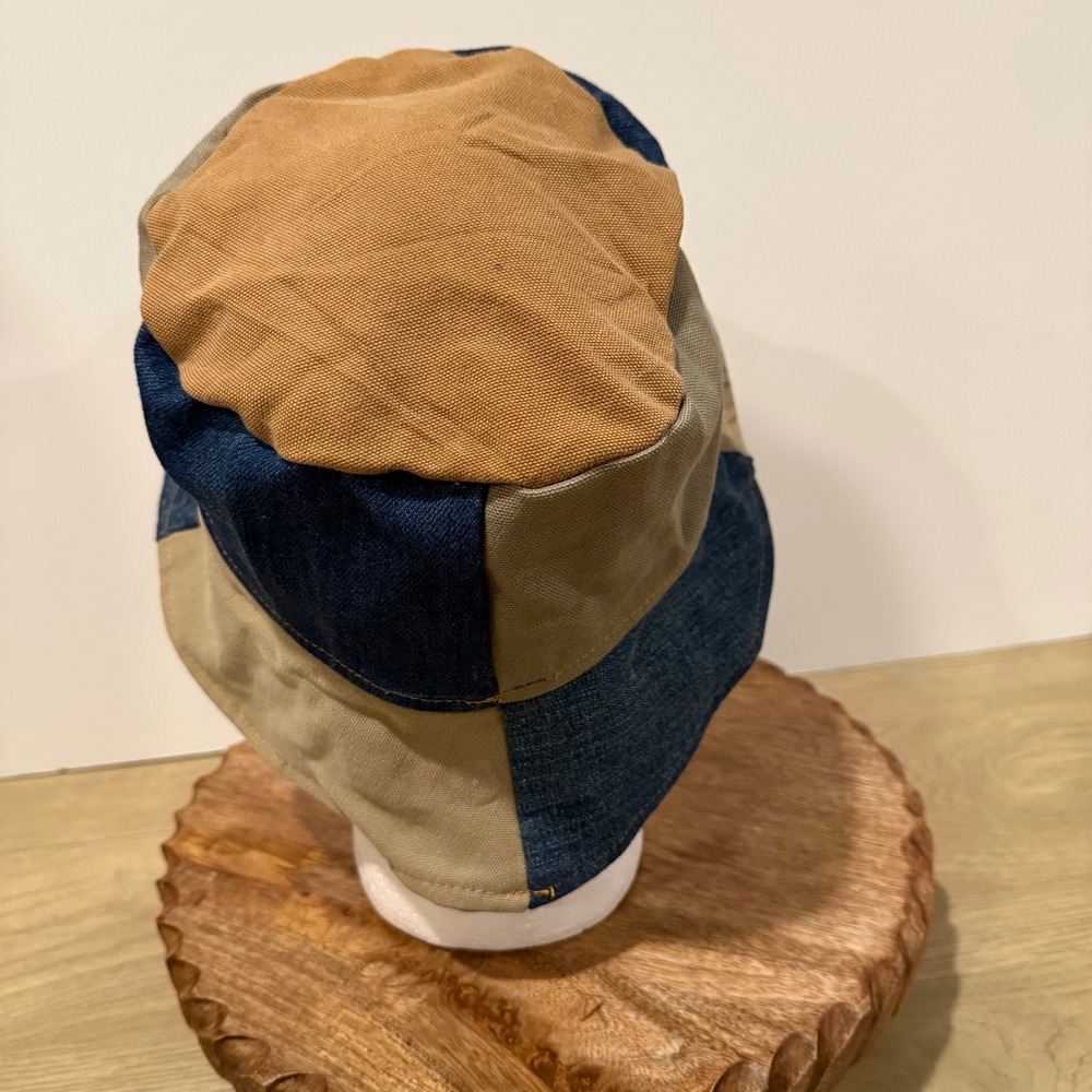 The North Face Bucket Hat Unisex OS Blue Tan Patchwork Denim Canvas Upcycled - Picture 3 of 6